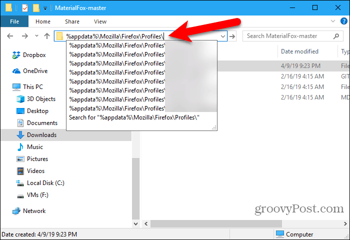 फाइल एक्सप्लोरर में प्रोफाइल पथ पेस्ट करें