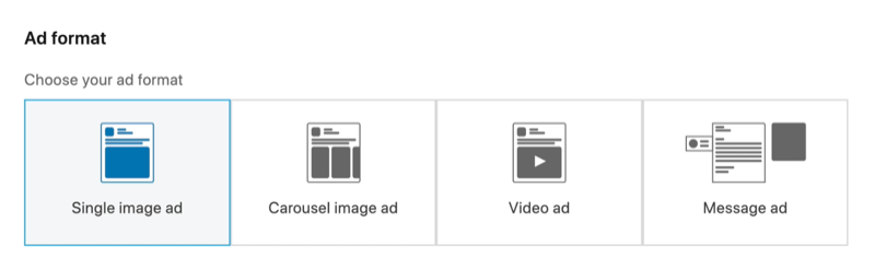 लिंक्डइन विज्ञापन प्रारूप के लिए चयनित एकल छवि विज्ञापन विकल्प का स्क्रीनशॉट