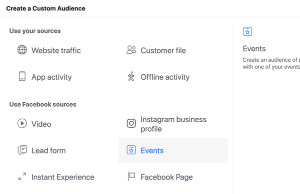 फेसबुक पर अपने लाइव इवेंट को कैसे बढ़ावा दें, Step10, इवेंट पेज व्यू के आधार पर फेसबुक विज्ञापन प्रबंधक में कस्टम ऑडियंस बनाएं