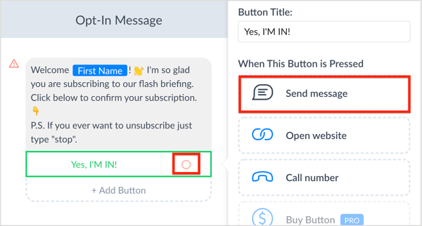 अपने कॉल-टू-एक्शन बटन के बगल में स्थित विकल्प बटन पर क्लिक करें और संदेश भेजें पर क्लिक करें।