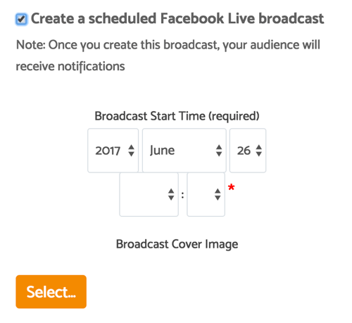 अपने प्रसारण को शेड्यूल करने के लिए चेकबॉक्स पर क्लिक करने के बाद, आप तिथि, समय और कवर छवि चुन सकते हैं।