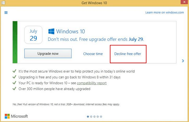 Microsoft विंडोज 10 फ्री अपग्रेड को अस्वीकार करना आसान बनाता है