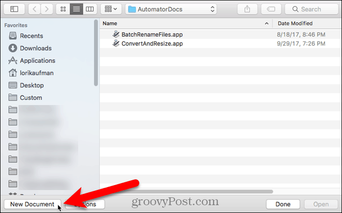 Mac पर Automator में New Document पर क्लिक करें