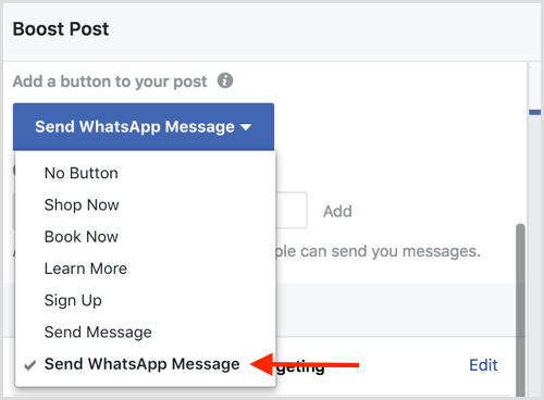 जब आप फेसबुक पोस्ट बढ़ाते हैं तो व्हाट्सएप संदेश भेजें विकल्प चुनें।