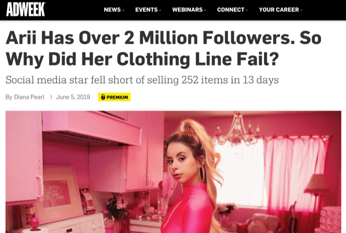 2 मिलियन फॉलोअर्स के साथ इंस्टाग्राम प्रभावित अर्री कपड़े की लाइन बेचने में नाकाम रही