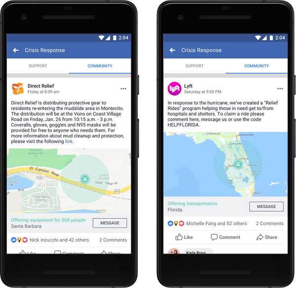 फेसबुक ने घोषणा की कि संगठन और व्यवसाय अब सामुदायिक सहायता में पोस्ट कर सकते हैं और लोगों को संकट में पड़ने वाली सहायता प्राप्त करने के लिए महत्वपूर्ण जानकारी और सेवाएं प्रदान कर सकते हैं।
