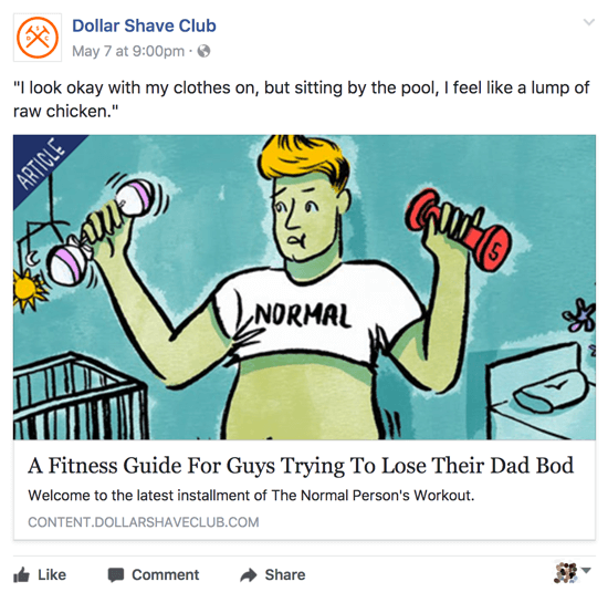 डॉलर शेव क्लब अपने फेसबुक बिजनेस पेज पर प्रासंगिक और चतुर सामग्री साझा करता है।