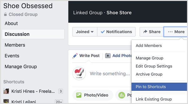 फेसबुक शॉर्टकट के लिए समूह को जोड़ता है