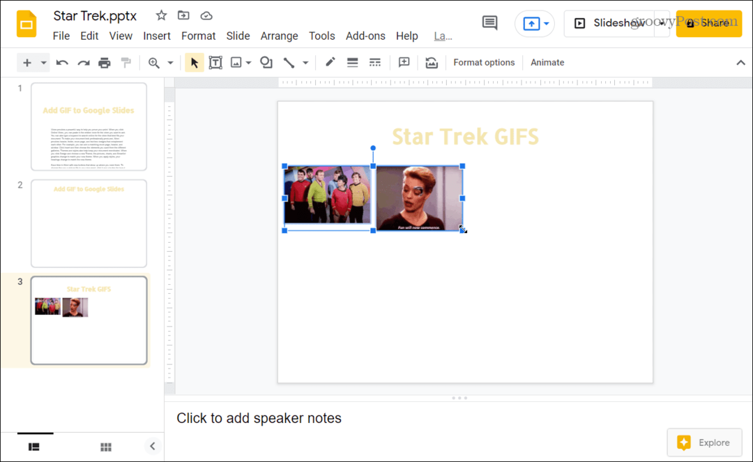 GIFS को Google स्लाइड प्रस्तुतिकरण में सम्मिलित किया गया