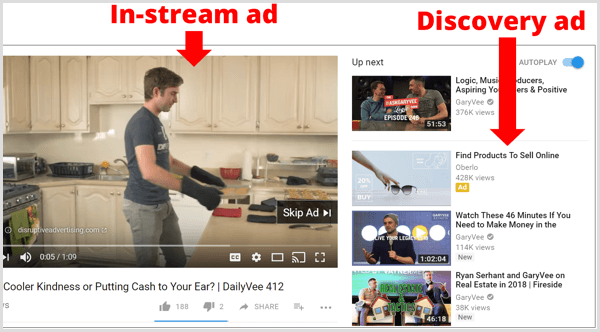 YouTube पर इन-स्ट्रीम और खोज ऐडवर्ड्स विज्ञापनों के उदाहरण।