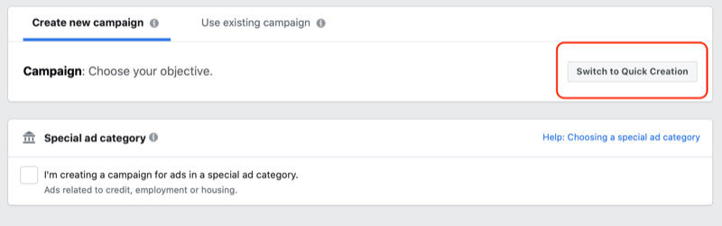 फेसबुक विज्ञापन प्रबंधक में त्वरित निर्माण वर्कफ़्लो पर स्विच करें
