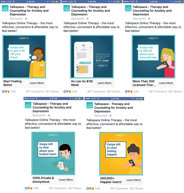 talkpace facebook हिंडोला विज्ञापन