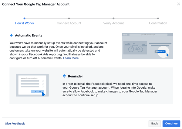 Google टैग प्रबंधक का उपयोग Facebook के साथ करें, चरण 6, Google टैग प्रबंधक को अपने फेसबुक खाते से कनेक्ट करते समय बटन जारी रखें
