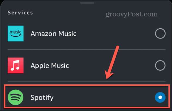 एलेक्सा डिफ़ॉल्ट सेवा के रूप में Spotify का चयन करें
