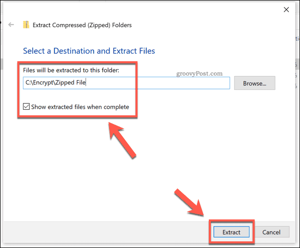 Windows ज़िप फ़ाइल के लिए निष्कर्षण विकल्प