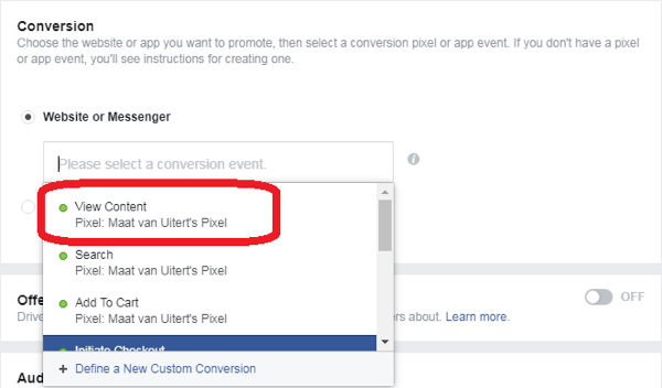 यदि आपने अपने फेसबुक मैसेंजर विज्ञापन उद्देश्य के रूप में रूपांतरण का चयन किया है, तो रूपांतरण कार्यक्रम चुनें।