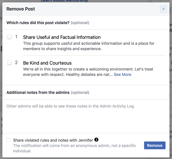 अपने फेसबुक ग्रुप समुदाय में सुधार कैसे करें, फेसबुक विकल्प का उदाहरण कि किस नियम (ओं) का पता लगाने के लिए एक पद का उल्लंघन हुआ, साथ ही सदस्य को सूचित करने का विकल्प