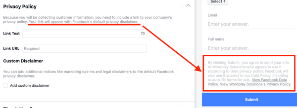 फेसबुक लीड विज्ञापन अभियान के विकल्पों में शामिल गोपनीयता नीति का उदाहरण।