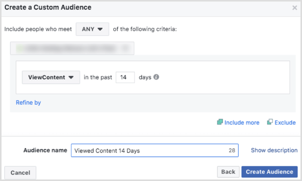 ViewContent eventthe के आधार पर फेसबुक कस्टम ऑडियंस वेबसाइट बनाने के लिए विकल्प चुनें 