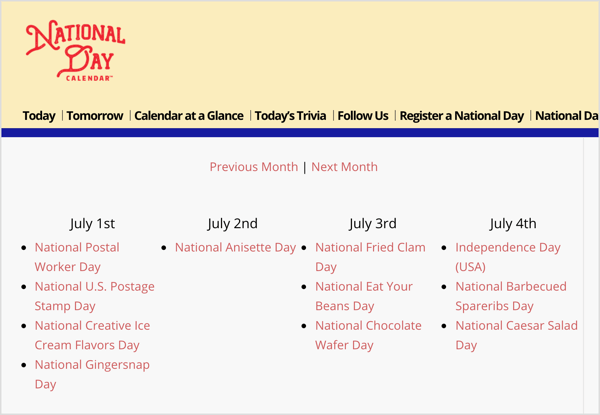 राष्ट्रीय दिवस कैलेंडर यादृच्छिक आला छुट्टियों के लिए एक संसाधन है जो आपके विपणन लक्ष्यों के साथ संरेखित होता है।