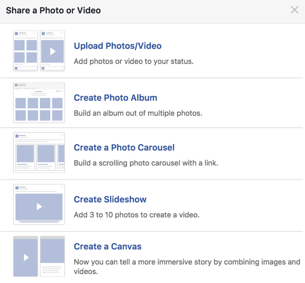 बढ़ावा देने के लिए फेसबुक पोस्ट बनाते समय, हमेशा एक ही छवि के साथ न जाएं; अन्य मीडिया विकल्पों के साथ भी प्रयोग करें।