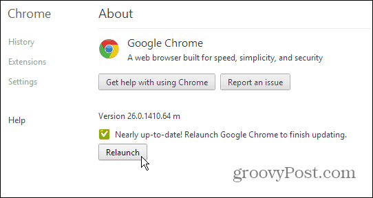 Google Chrome पेज के बारे में - अद्यतन और पुन: लॉन्च करें