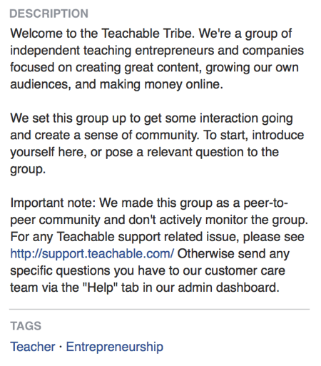 फेसबुक समूह के विवरण में, टेचेबल ने सीधे कहा कि उसका फेसबुक समूह एक समुदाय बनाने के बारे में है।