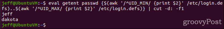 उपयोगकर्ताओं का eval getent आउटपुट