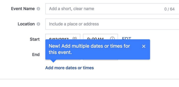 फेसबुक अब आयोजकों को फेसबुक की घटनाओं के लिए कई बार और तिथियों को जोड़ने की अनुमति देता है।