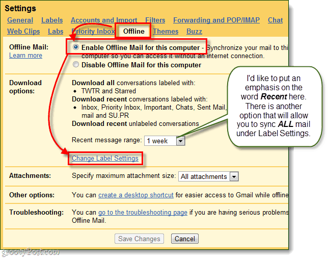 जीमेल कंप्यूटर के लिए ऑफ़लाइन मेल को सक्षम करता है और लेबल सेटिंग्स बदलता है