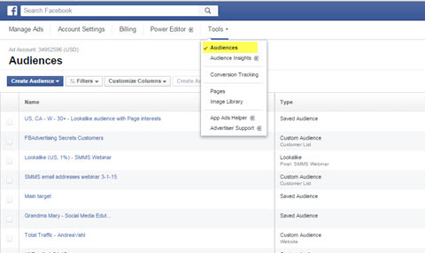 फेसबुक विज्ञापन प्रबंधक दर्शकों की सुविधा है
