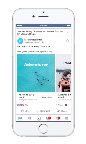 यात्रा नामक यात्रा के लिए फेसबुक ने एक नए प्रकार के डायनामिक विज्ञापन की शुरुआत की।