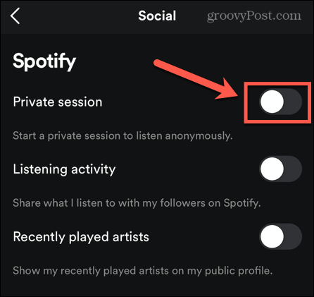 Spotify मोबाइल निजी सत्र