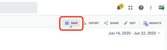 गूगल एनालिटिक्स कस्टम रिपोर्ट को बचाने के लिए हाइलाइट किया गया विकल्प 