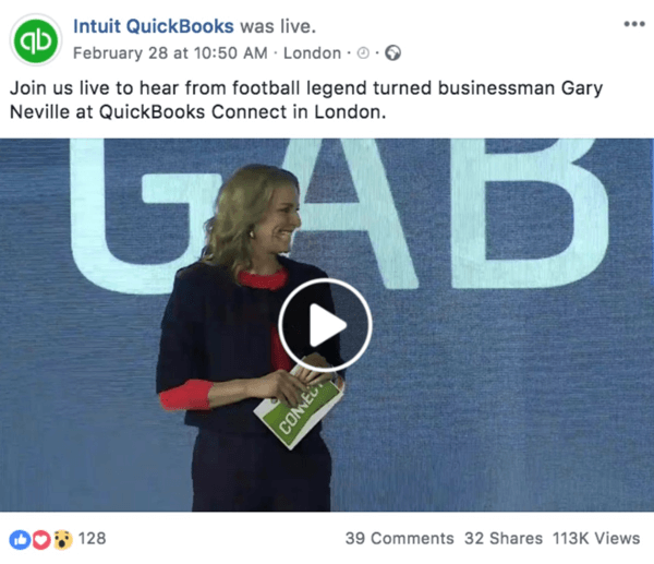 इंटुच क्विकुक्स से एक आगामी लाइव वीडियो की घोषणा करने वाले फेसबुक पोस्ट का उदाहरण।