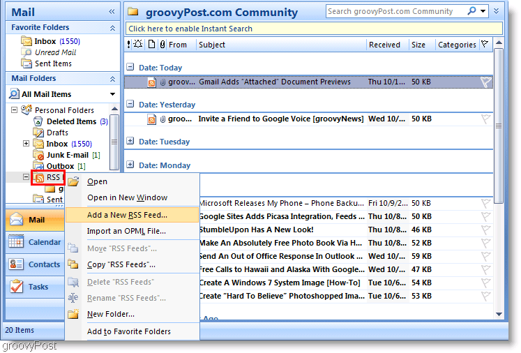 स्क्रीनशॉट Microsoft Outlook 2007 नया आरएसएस फ़ीड जोड़ें