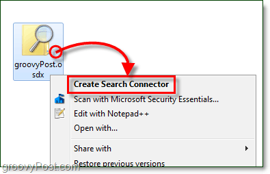 अपने डेस्कटॉप पर राइट क्लिक करें और फिर ऑस्क्स फाइल पर क्लिक करें जो एक सर्च कनेक्टर है और फिर विंडोज 7 के लिए सर्च कनेक्टर बनाएं पर क्लिक करें