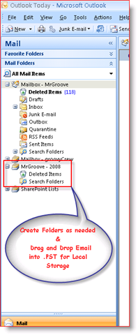 आउटलुक 2007 इनबॉक्स डिस्प्ले। नेविगेशन फलक में .PST पर्सनल डेटा फ़ाइल:: groovyPost.com