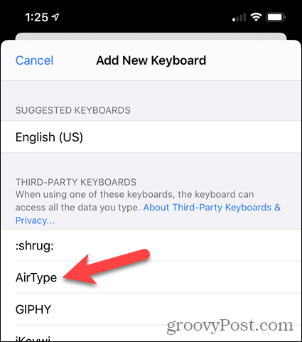 IPhone सेटिंग्स में थर्ड-पार्टी कीबोर्ड सूची में AirType टैप करें