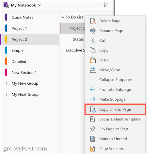 Windows 10 के लिए OneNote में पृष्ठ के लिंक की प्रतिलिपि बनाएँ