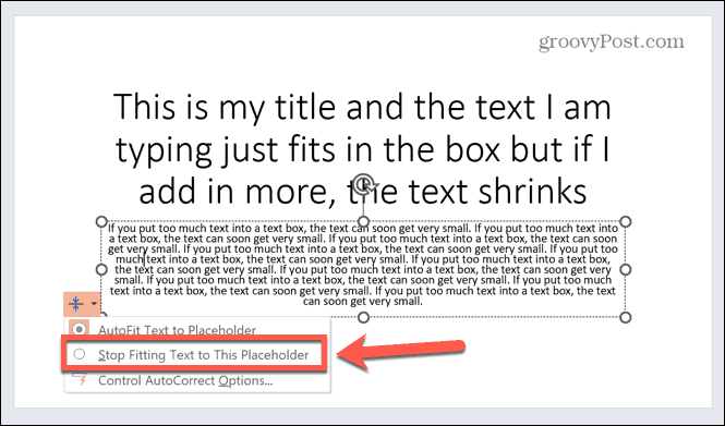 पावरपॉइंट टेक्स्ट को प्लेसहोल्डर पर फ़िट करना बंद कर देता है