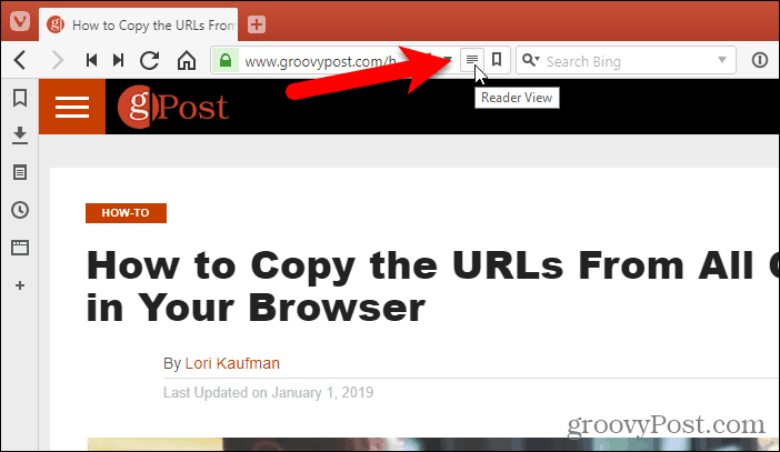 Vivaldi में एड्रेस बार में रीडर व्यू पर क्लिक करें