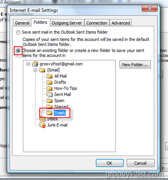 Outlook 2007 में iMAP खाते के लिए मेल फ़ोल्डर सेट करें:: कचरा फ़ोल्डर चुनें