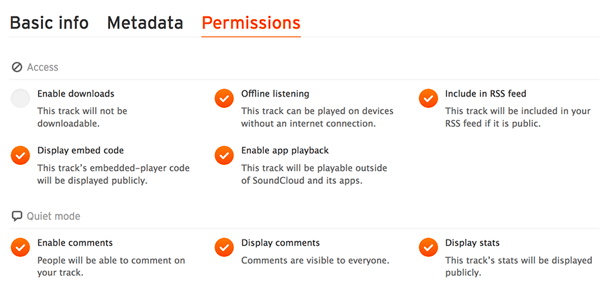 यह सुनिश्चित करने के लिए कि आपका ऑडियो फ़ाइल आपके साउंडक्लाउड RSS फ़ीड में शामिल है, अनुमतियाँ टैब की जाँच करें।