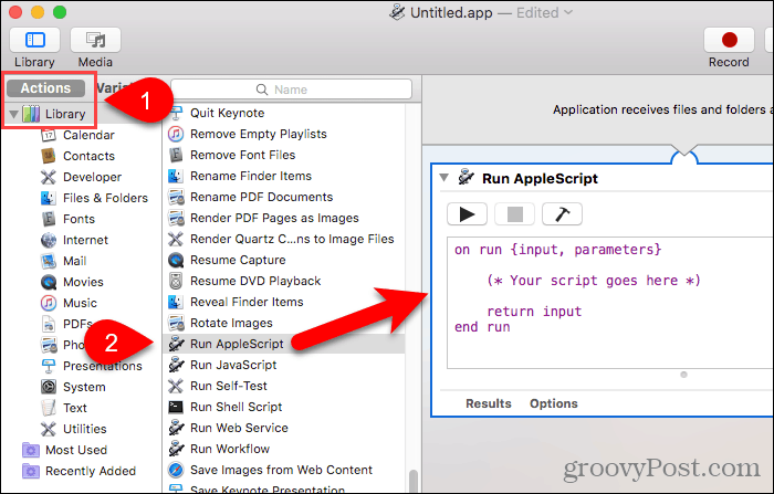 स्वचालक में वर्कफ़्लो पैनल में रन AppleScript को खींचें
