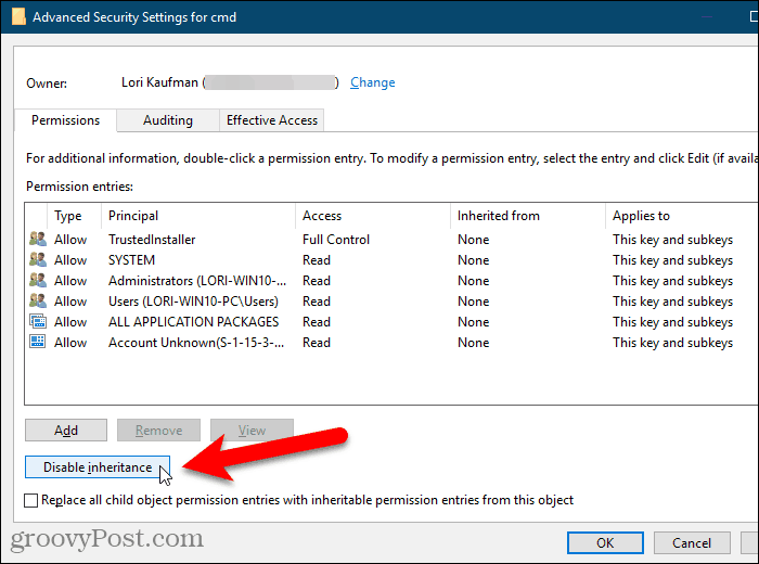 Windows रजिस्ट्री में उन्नत सुरक्षा सेटिंग्स संवाद बॉक्स पर वंशानुक्रम अक्षम करें पर क्लिक करें