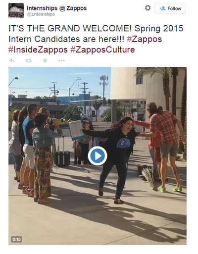 zappos इंटर्नशिप स्वागत वीडियो ट्वीट