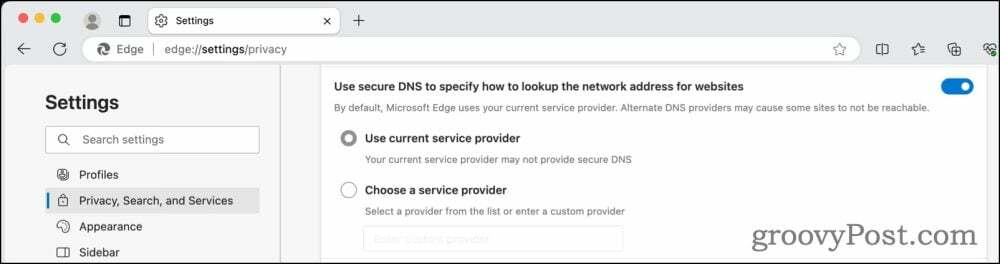 Microsoft Edge में एन्क्रिप्टेड DNS सेटिंग्स