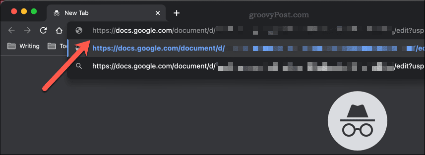 Google डॉक्स साझाकरण लिंक को Google Chrome गुप्त विंडो पता बार में चिपकाना