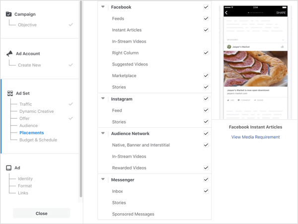 फेसबुक विज्ञापन अभियान के प्लेसमेंट विकल्पों की सूची